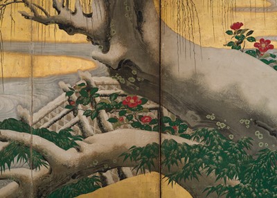 Lot 267 - A HIGHLY IMPORTANT SIX-PANEL ‘SNOW-DUSTED WILLOW AND DUCKS’ BYOBU (FOLDING SCREEN), ATTRIBUTED TO KANO EITOKU, FORMERLY KEPT AS A TREASURED ITEM IN THE JURAKUDAI PALACE IN KYOTO
