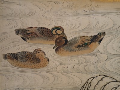 Lot 267 - A HIGHLY IMPORTANT SIX-PANEL ‘SNOW-DUSTED WILLOW AND DUCKS’ BYOBU (FOLDING SCREEN), ATTRIBUTED TO KANO EITOKU, FORMERLY KEPT AS A TREASURED ITEM IN THE JURAKUDAI PALACE IN KYOTO