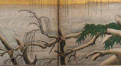 Lot 267 - A HIGHLY IMPORTANT SIX-PANEL ‘SNOW-DUSTED WILLOW AND DUCKS’ BYOBU (FOLDING SCREEN), ATTRIBUTED TO KANO EITOKU, FORMERLY KEPT AS A TREASURED ITEM IN THE JURAKUDAI PALACE IN KYOTO