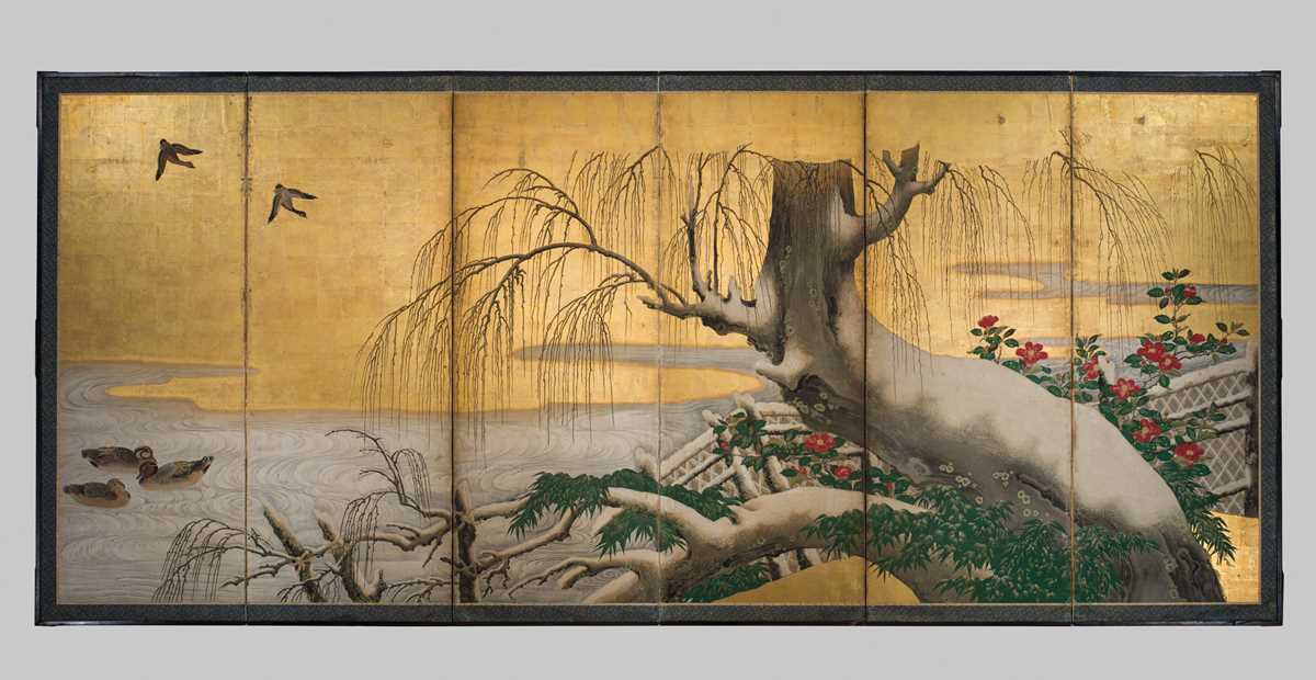 Lot 267 - A HIGHLY IMPORTANT SIX-PANEL ‘SNOW-DUSTED WILLOW AND DUCKS’ BYOBU (FOLDING SCREEN), ATTRIBUTED TO KANO EITOKU, FORMERLY KEPT AS A TREASURED ITEM IN THE JURAKUDAI PALACE IN KYOTO