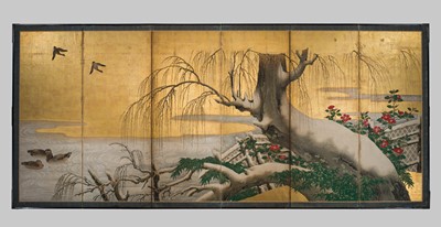 Lot 267 - A HIGHLY IMPORTANT SIX-PANEL ‘SNOW-DUSTED WILLOW AND DUCKS’ BYOBU (FOLDING SCREEN), ATTRIBUTED TO KANO EITOKU, FORMERLY KEPT AS A TREASURED ITEM IN THE JURAKUDAI PALACE IN KYOTO