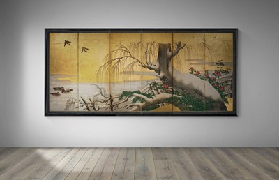 Lot 267 - A HIGHLY IMPORTANT SIX-PANEL ‘SNOW-DUSTED WILLOW AND DUCKS’ BYOBU (FOLDING SCREEN), ATTRIBUTED TO KANO EITOKU, FORMERLY KEPT AS A TREASURED ITEM IN THE JURAKUDAI PALACE IN KYOTO