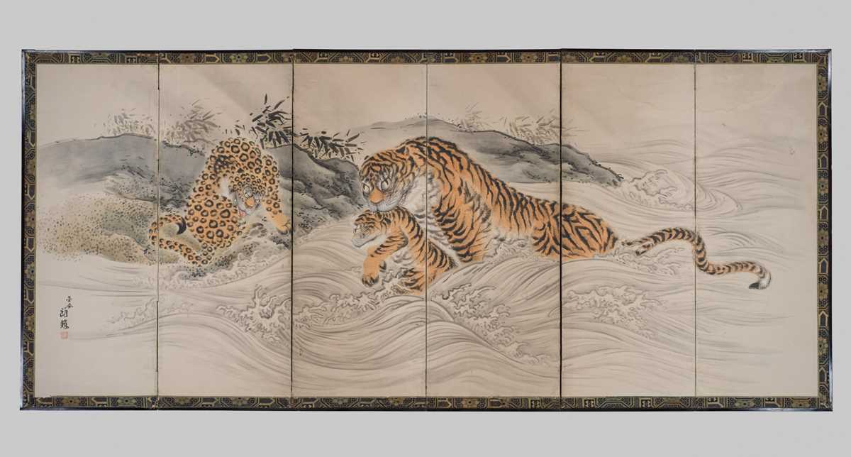 SASAKI EISHIN: A RARE AND IMPRESSIVE SIX-PANEL BYOBU ‘LEOPARD AND TIGERS’ (FOLDING SCREEN)