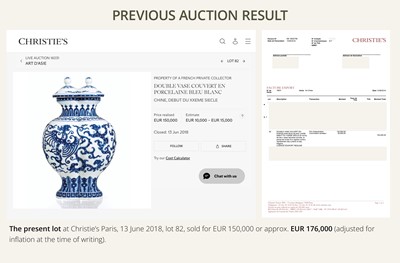 Lot 175 - AN IMPERIAL BLUE AND WHITE 'PHOENIX AND DRAGON' DOUBLE VASE AND COVER, QIANLONG MARK AND OF THE PERIOD