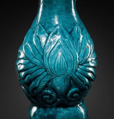 Lot 21 - AN EXTREMELY RARE TURQUOISE-GLAZED ‘LOTUS’ WALL VASE, WANLI MARK AND PERIOD