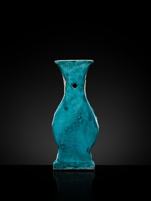 Lot 21 - AN EXTREMELY RARE TURQUOISE-GLAZED ‘LOTUS’ WALL VASE, WANLI MARK AND PERIOD