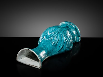 Lot 21 - AN EXTREMELY RARE TURQUOISE-GLAZED ‘LOTUS’ WALL VASE, WANLI MARK AND PERIOD