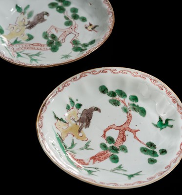 Lot 184 - A PAIR OF ENAMELED ‘EAGLE AND PINE TREE’ FOLIATE DISHES, CHONGZHEN PERIOD