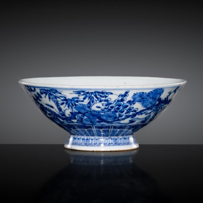 Lot 201 - AN AUSPICIOUS BLUE AND WHITE PORCELAIN ‘THREE FRIENDS OF WINTER’ BOWL, QING DYNASTY