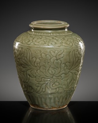 Lot 22 - A LONGQUAN CELADON-GLAZED AND INCISED ‘FLORAL’ JAR, MING DYNASTY