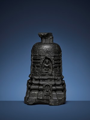 Lot 740 - A MASSIVE INDIAN CARVED BLACK STONE VOTIVE STUPA WITH FOUR BUDDHAS, PALA PERIOD