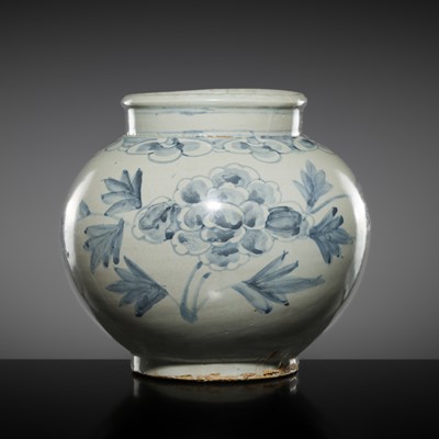 Lot 292 - A LARGE BLUE AND WHITE PORCELAIN ‘PEONIES’ JAR, JOSEON DYNASTY