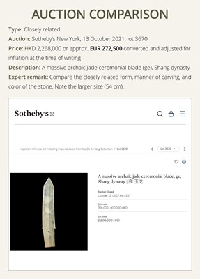 Lot 76 - A LARGE AND INSCRIBED JADE ‘TAOTIE’ CEREMONIAL DAGGER-AXE (GE), LATE SHANG DYNASTY, ANYANG PHASE