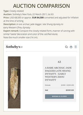 Lot 76 - A LARGE AND INSCRIBED JADE ‘TAOTIE’ CEREMONIAL DAGGER-AXE (GE), LATE SHANG DYNASTY, ANYANG PHASE