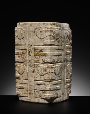 Lot 68 - AN EXTREMELY RARE FOUR-TIERED GREY AND YELLOW JADE CONG, NEOLITHIC PERIOD, LIANGZHU CULTURE