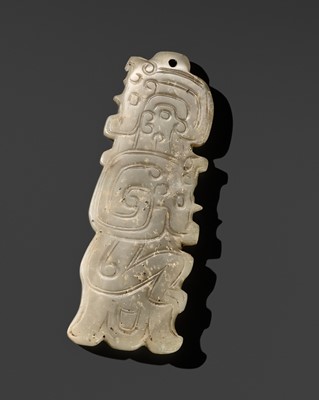 Lot 232 - A SMALL WHITE JADE ‘HUMANOID AND ANIMAL’ PENDANT, LATE SHANG TO EARLY WESTERN ZHOU DYNASTY