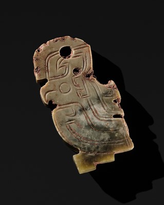 Lot 229 - A RARE PALE GREEN JADE ‘PARROT’ PENDANT, LATE SHANG DYNASTY