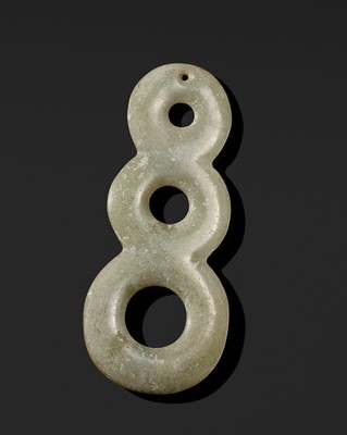 Lot 217 - A RARE PALE CELADON JADE THREE-HOLE PENDANT, LATE NEOLITHIC PERIOD, HONGSHAN CULTURE