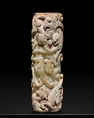 Lot 262 - A RARE PALE CELADON JADE ‘CHILONG’ BEAD, HAN DYNASTY