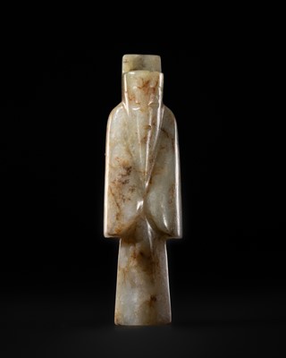 A MAGNIFICENT WHITE AND RUSSET JADE ‘BEARDED SAGE’ PENDANT, WESTERN HAN DYNASTY