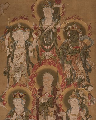 Lot 137 - A BUDDHIST HANGING SCROLL PAINTING DEPICTING SIX DEITIES FROM THE JUNITEN PANTHEON, MUROMACHI PERIOD