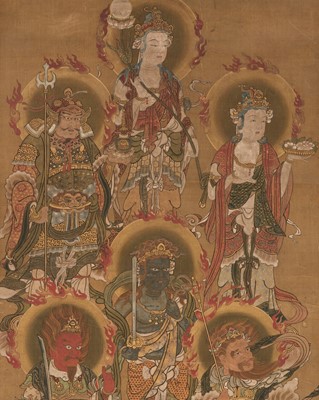 Lot 136 - A BUDDHIST HANGING SCROLL PAINTING DEPICTING SIX DEITIES FROM THE JUNITEN PANTHEON, MUROMACHI PERIOD