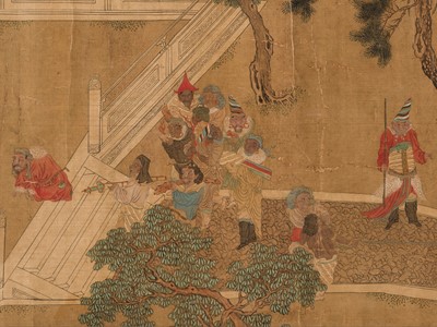 Lot 131 - AFTER QIU YING (1494-1552): FOREIGN ENVOY WITH TRIBUTE BEARERS, MING DYNASTY
