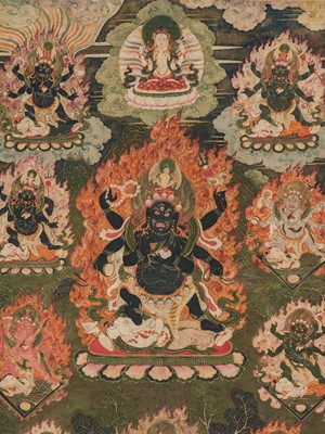 Lot 87 - A FINE AND PARCEL-GILT THANGKA OF SHADBHUJA MAHAKALA, TIBETAN-CHINESE, 18TH CENTURY