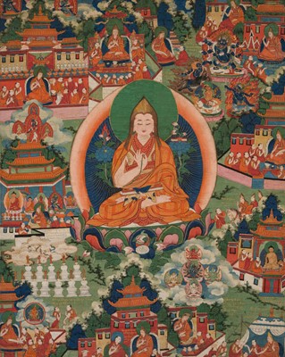 Lot 104 - A FINE AND INSCRIBED THANGKA WITH ELEVEN SCENES FROM THE LIFE OF TSONGKHAPA, 19TH CENTURY