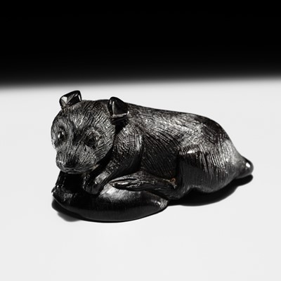 A RARE IWAMI SCHOOL UMOREGI (BOGWOOD) NETSUKE OF A RAT ON A CHESTNUT