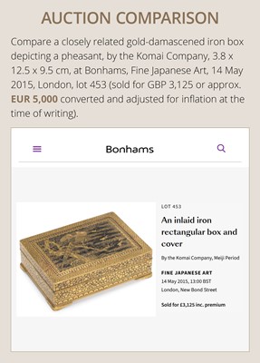 Lot 18 - KOMAI: A SUPERB GOLD-DAMASCENED IRON ‘PEACOCK AND PEAHEN’ BOX AND COVER