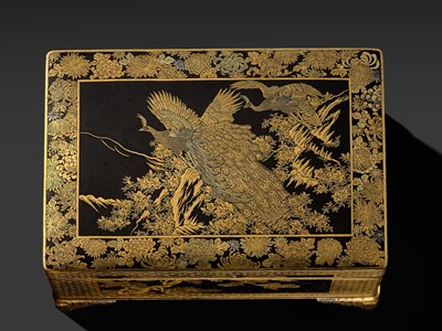 Lot 18 - KOMAI: A SUPERB GOLD-DAMASCENED IRON ‘PEACOCK AND PEAHEN’ BOX AND COVER