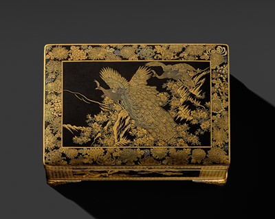 Lot 18 - KOMAI: A SUPERB GOLD-DAMASCENED IRON ‘PEACOCK AND PEAHEN’ BOX AND COVER