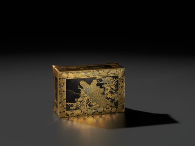 Lot 18 - KOMAI: A SUPERB GOLD-DAMASCENED IRON ‘PEACOCK AND PEAHEN’ BOX AND COVER
