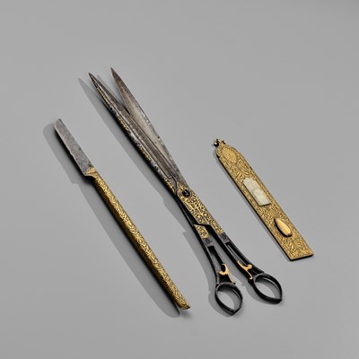 Lot 375 - A RARE SET OF GOLD-DAMASCENED IRON CALLIGRAPHY INSTRUMENTS, OTTOMAN EMPIRE, 18TH-19TH CENTURY
