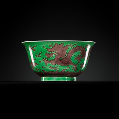 Lot 164 - THE ABSOLUTELY PERFECT 'J. J. LALLY' AUBERGINE AND GREEN-GLAZED ‘DRAGON’ BOWL, KANGXI MARK AND PERIOD