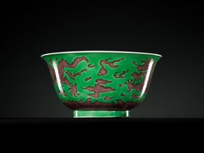 Lot 164 - THE ABSOLUTELY PERFECT 'J. J. LALLY' AUBERGINE AND GREEN-GLAZED ‘DRAGON’ BOWL, KANGXI MARK AND PERIOD
