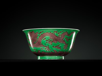 Lot 164 - THE ABSOLUTELY PERFECT 'J. J. LALLY' AUBERGINE AND GREEN-GLAZED ‘DRAGON’ BOWL, KANGXI MARK AND PERIOD