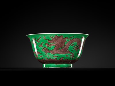 Lot 164 - THE ABSOLUTELY PERFECT 'J. J. LALLY' AUBERGINE AND GREEN-GLAZED ‘DRAGON’ BOWL, KANGXI MARK AND PERIOD