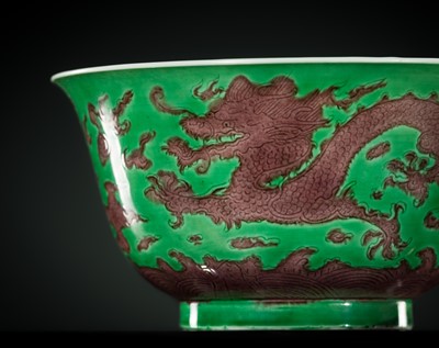 Lot 164 - THE ABSOLUTELY PERFECT 'J. J. LALLY' AUBERGINE AND GREEN-GLAZED ‘DRAGON’ BOWL, KANGXI MARK AND PERIOD