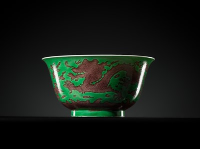 Lot 164 - THE ABSOLUTELY PERFECT 'J. J. LALLY' AUBERGINE AND GREEN-GLAZED ‘DRAGON’ BOWL, KANGXI MARK AND PERIOD