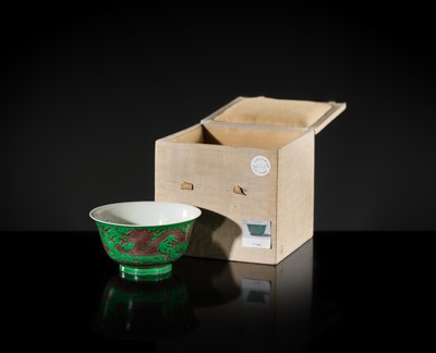 Lot 164 - THE ABSOLUTELY PERFECT 'J. J. LALLY' AUBERGINE AND GREEN-GLAZED ‘DRAGON’ BOWL, KANGXI MARK AND PERIOD
