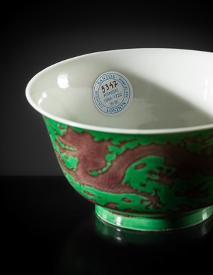 Lot 164 - THE ABSOLUTELY PERFECT 'J. J. LALLY' AUBERGINE AND GREEN-GLAZED ‘DRAGON’ BOWL, KANGXI MARK AND PERIOD