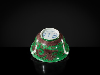 Lot 164 - THE ABSOLUTELY PERFECT 'J. J. LALLY' AUBERGINE AND GREEN-GLAZED ‘DRAGON’ BOWL, KANGXI MARK AND PERIOD