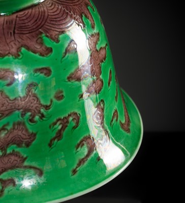 Lot 164 - THE ABSOLUTELY PERFECT 'J. J. LALLY' AUBERGINE AND GREEN-GLAZED ‘DRAGON’ BOWL, KANGXI MARK AND PERIOD
