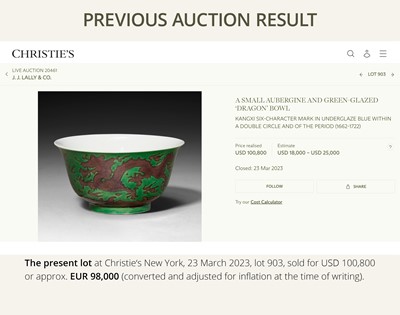 Lot 164 - THE ABSOLUTELY PERFECT 'J. J. LALLY' AUBERGINE AND GREEN-GLAZED ‘DRAGON’ BOWL, KANGXI MARK AND PERIOD