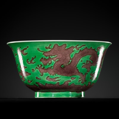 Lot 164 - THE ABSOLUTELY PERFECT 'J. J. LALLY' AUBERGINE AND GREEN-GLAZED ‘DRAGON’ BOWL, KANGXI MARK AND PERIOD