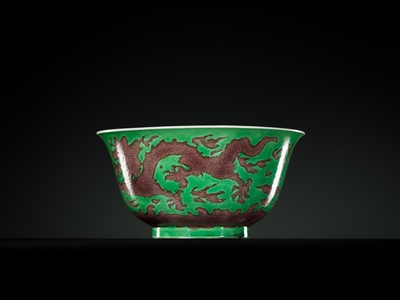 Lot 164 - THE ABSOLUTELY PERFECT 'J. J. LALLY' AUBERGINE AND GREEN-GLAZED ‘DRAGON’ BOWL, KANGXI MARK AND PERIOD