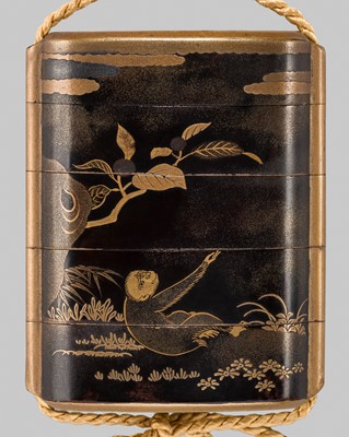 AN UNUSUAL FOUR-CASE GOLD LACQUER ‘MONKEY AND DOG’ INRO