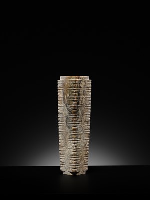Lot 69 - A LARGE AND IMPORTANT ELEVEN-TIERED JADE CONG, NEOLITHIC PERIOD, LIANGZHU CULTURE
